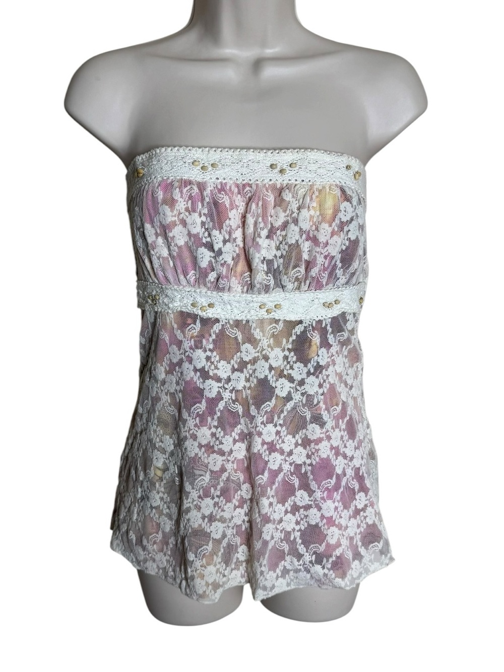Vanity Vintage Sheer Lace Babydoll Top Y2K 90s Romantic Floral Overlay Small